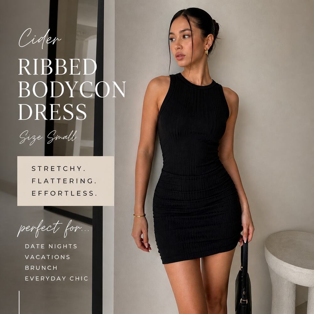 Cider Bodycon Dress Small Black Ribbed Ruched Sleeveless Minimalist Capsule CHic